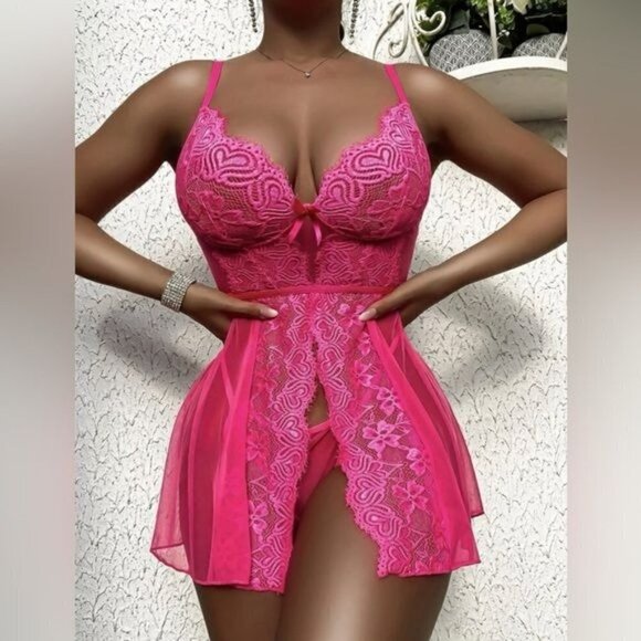 Contrast Lace Mesh Slips With Thong - Picture 1 of 5